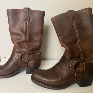 Brown Frye Harness boots, women’s size 6 1/2.